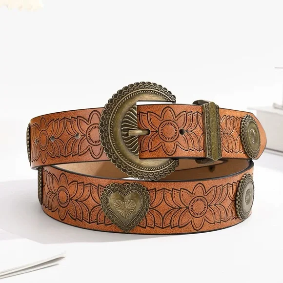 Western Boho Tooled Faux Leather Belt Floral Embossed with Heart Conchos - Picture 2 of 6